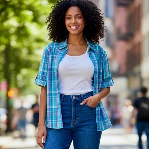 High Style Tops - Vintage 90s High Style Plaid Shirt Women XL Blue Pink Button Front Grandma Retro